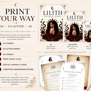 K&ouml;nnte beinhalten: Ein digitales Lilith Shadow Work Arbeitsbuch-Set in den Formaten A4, US Letter und A5. Das Cover zeigt eine Frau mit langem dunklem Haar, Schlangen und roten Rosen. Enth&auml;lt druckfertige Dateien, digitale Seiten und zwei Hintergrundoptionen.