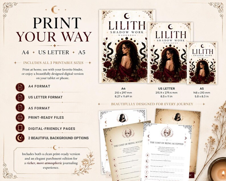 K&ouml;nnte beinhalten: Ein digitales Lilith Shadow Work Arbeitsbuch-Set in den Formaten A4, US Letter und A5. Das Cover zeigt eine Frau mit langem dunklem Haar, Schlangen und roten Rosen. Enth&auml;lt druckfertige Dateien, digitale Seiten und zwei Hintergrundoptionen.