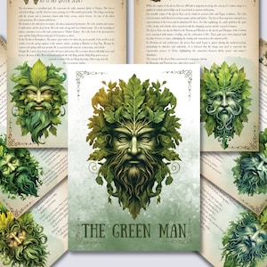 Könnte beinhalten: Eine Sammlung von Illustrationen, die den Grünen Mann darstellen, eine mythische Figur, die oft mit Natur und Wiedergeburt in Verbindung gebracht wird. Die Bilder zeigen ein Männergesicht, das von üppigem, grünem Laub umgeben ist und den Kreislauf des Lebens und die Kraft der Natur symbolisiert.