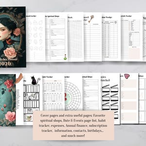 May include: The Witches Planner 2026, a spiral-bound planner with a dark cover featuring a portrait of a woman surrounded by roses and birds. Includes pages for mood tracking, habit tracking, and more. The planner is open to display its interior pages.