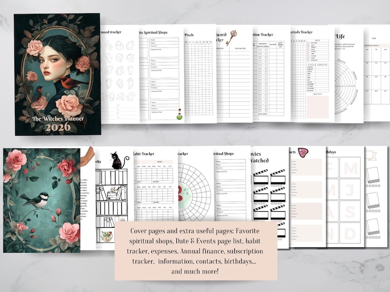 May include: The Witches Planner 2026, a spiral-bound planner with a dark cover featuring a portrait of a woman surrounded by roses and birds. Includes pages for mood tracking, habit tracking, and more. The planner is open to display its interior pages.