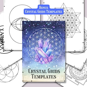 Pu&ograve; includere: Un set di modelli di griglia di cristalli stampabili che presentano disegni geometrici, tra cui un fiore della vita, una stella di David e uno Sri Yantra. I modelli sono stampati su carta bianca e sono pronti per essere utilizzati per la guarigione con i cristalli e la meditazione.