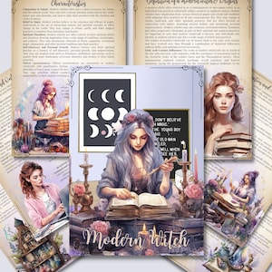 Puede incluir: Un collage de imágenes que representan a una bruja moderna con una cita sobre la magia, rodeada de libros, velas y otros artículos de brujería. El texto "Modern Witch" se presenta de forma destacada en la imagen.