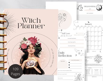 May include: A pink and gold planner with a witch illustration and the text "Witch Planner" and "109 Pages". The planner has a ring binding and includes pages for daily reflection, self-love, and dream journaling.