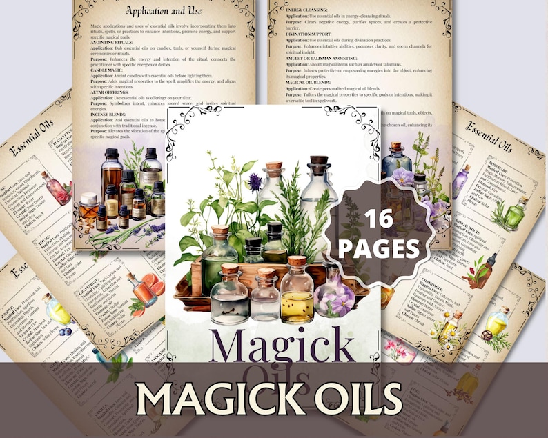 Magical Oils Grimoire Printable | Essential Oil Witchcraft Guide | 50+ Oils, Ritual Uses, Elements, Crystals & Chakras | Oils Cheat sheets image 1