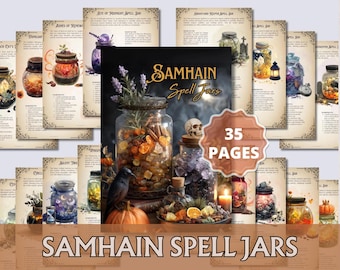 May include: A collection of illustrated pages and spell jars. The central image features a large jar filled with ingredients, a skull, and a pumpkin. The text reads "Samhain Spell Jars" and "35 Pages."