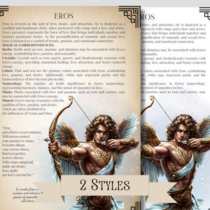 May include: Two-page print featuring an illustration of Eros, the Greek god of love, with a bow and arrow. The text includes information about Eros's attributes, magical correspondences, and a poem. The words "2 STYLES" are displayed.