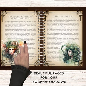 May include: A book with a brown cover and gold accents. The book is open to two pages with text and illustrations of Medusa, a Greek mythological figure. The text on the left page reads "How to Work with the Goddess Medusa" and the text on the right page reads "Medusa's Powers". The book is titled "Beautiful Pages for Your Book of Shadows".