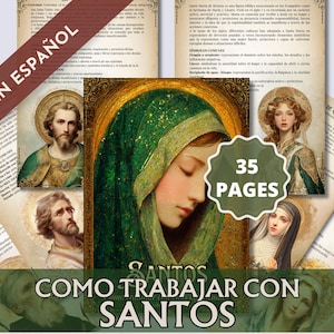 Könnte beinhalten: Eine Sammlung religiöser Kunstdrucke und -seiten mit Bildern von Heiligen und religiösen Figuren. Der Text "EN ESPAÑOL" ist sichtbar, zusammen mit dem Titel "COMO TRABAJAR CON SANTOS" und der Zahl "35 PAGES". Die Bilder haben eine Vintage-Ästhetik.