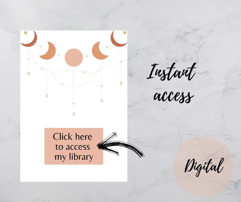 Puede incluir: Un gr&aacute;fico de descarga de producto digital con un dise&ntilde;o de luna y estrellas rosa y dorado. El texto "Haga clic aqu&iacute; para acceder a mi biblioteca" est&aacute; en un rect&aacute;ngulo rosa con una flecha negra que apunta hacia la derecha. El texto "Acceso instant&aacute;neo" est&aacute; escrito en cursiva negra y el texto "Digital" est&aacute; escrito en cursiva negra en un c&iacute;rculo rosa.