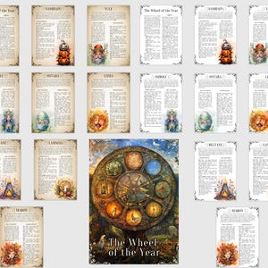 May include: A vintage-style illustration of the Wheel of the Year, a pagan calendar that marks the eight sabbats. The wheel is divided into eight sections, each representing a different sabbat. The sabbats are: Samhain, Yule, Imbolc, Ostara, Beltane, Litha, Lammas, and Mabon. The illustration is surrounded by a border of leaves and flowers.