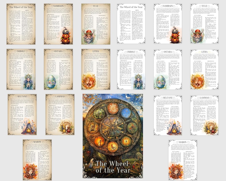 May include: A vintage-style illustration of the Wheel of the Year, a pagan calendar that marks the eight sabbats. The wheel is divided into eight sections, each representing a different sabbat. The sabbats are: Samhain, Yule, Imbolc, Ostara, Beltane, Litha, Lammas, and Mabon. The illustration is surrounded by a border of leaves and flowers.