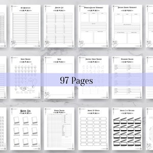 Op de afbeelding: Een printbare planner met 97 pagina's met een maan- en sterrenthema. De pagina's bevatten secties voor het bijhouden van je stemming, het stellen van doelen, het bijhouden van gewoontes en meer.