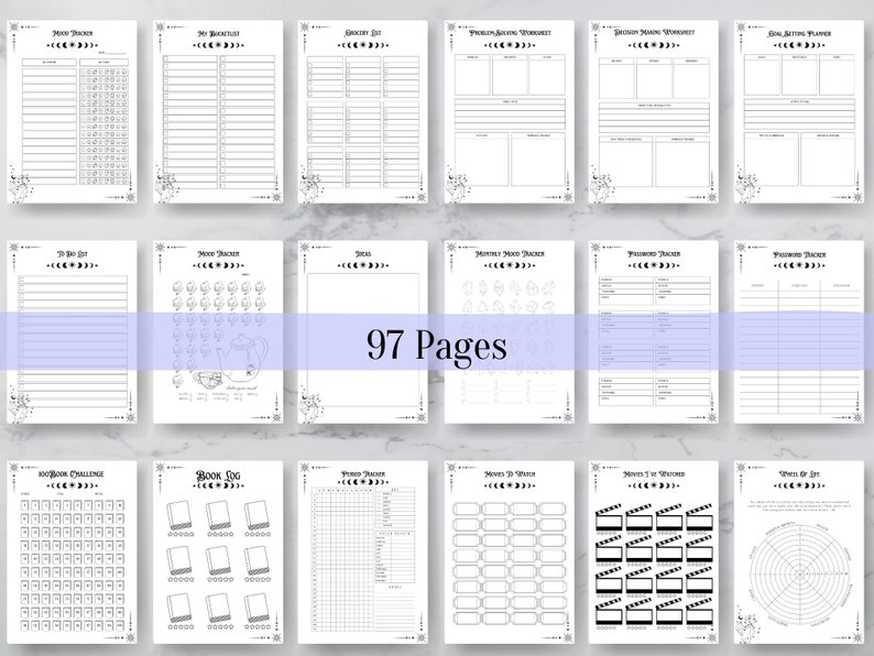 Op de afbeelding: Een printbare planner met 97 pagina's met een maan- en sterrenthema. De pagina's bevatten secties voor het bijhouden van je stemming, het stellen van doelen, het bijhouden van gewoontes en meer.
