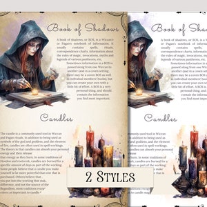 May include: Two illustrations of a woman writing in a book of shadows, with the text "Book of Shadows" and "Candles" above the images. The text describes the book of shadows as a notebook of information for Wiccan or Pagan practices. The text describes candles as a commonly used tool in Wiccan and Pagan rituals.