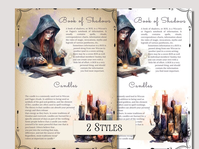 May include: Two illustrations of a woman writing in a book of shadows, with the text "Book of Shadows" and "Candles" above the images. The text describes the book of shadows as a notebook of information for Wiccan or Pagan practices. The text describes candles as a commonly used tool in Wiccan and Pagan rituals.