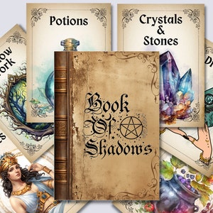 May include: A collection of vintage-style cards with illustrations and text. The central card reads "Book of Shadows" with a pentagram. Other cards feature titles like "Potions," "Crystals & Stones," and "Shadow Work," with related imagery in watercolor.