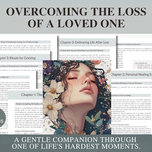 Peut inclure: Un guide de 118 pages intitulé Overcoming the Loss of a Loved One, comprenant des chapitres sur les rituels, la guérison personnelle et la vie après le deuil. La couverture présente une illustration d'une personne aux yeux fermés.