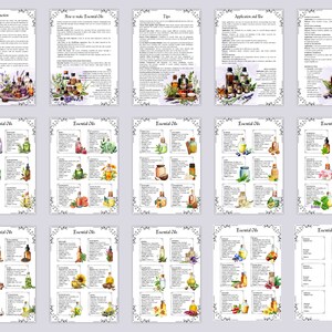 May include: A set of 15 printable pages with watercolor illustrations of essential oils and their uses. The pages include information on how to make essential oils, tips for using them, and applications and uses. The pages are designed to be printed and used as a reference guide for essential oils.