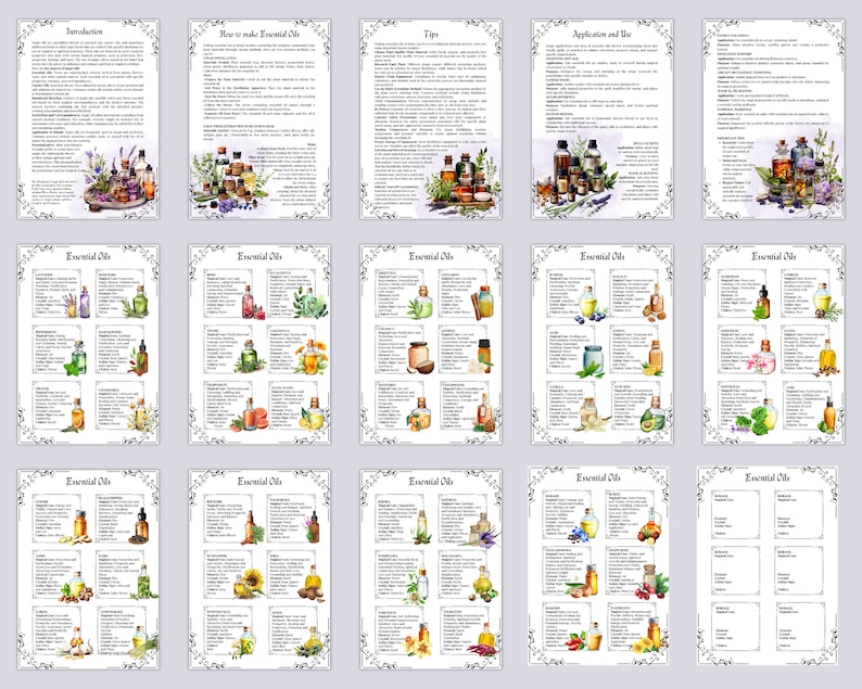 May include: A set of 15 printable pages with watercolor illustrations of essential oils and their uses. The pages include information on how to make essential oils, tips for using them, and applications and uses. The pages are designed to be printed and used as a reference guide for essential oils.