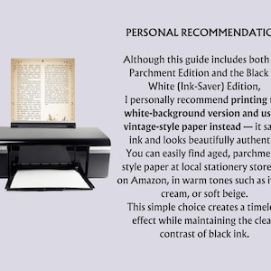 May include: A black printer with a white sheet of paper in the output tray. A printed page with text is displayed on top of the printer. The text reads "PERSONAL RECOMMENDATION".