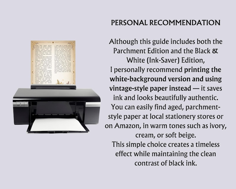 May include: A black printer with a white sheet of paper in the output tray. A printed page with text is displayed on top of the printer. The text reads "PERSONAL RECOMMENDATION".