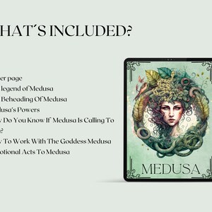 May include: A digital illustration of Medusa, a Greek mythological figure, with snakes for hair and a fierce expression. The image is surrounded by a green and brown frame with the word "MEDUSA" in white text at the bottom.