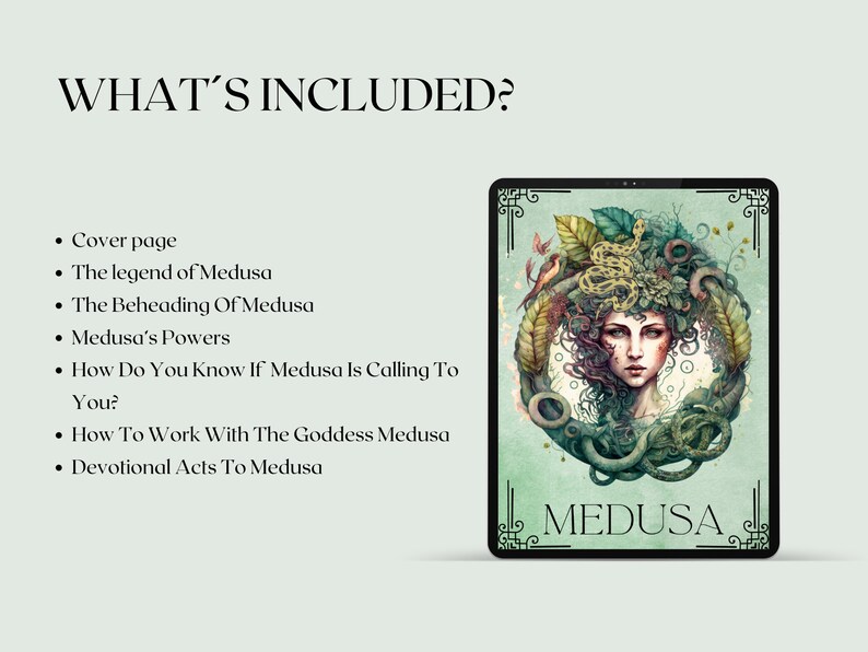 May include: A digital illustration of Medusa, a Greek mythological figure, with snakes for hair and a fierce expression. The image is surrounded by a green and brown frame with the word "MEDUSA" in white text at the bottom.