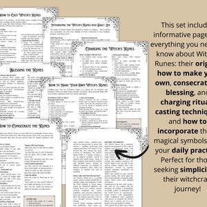 K&ouml;nnte beinhalten: Ein Satz druckbarer Seiten mit schwarzem Text und Illustrationen auf wei&szlig;em Hintergrund. Die Seiten enthalten Informationen &uuml;ber Hexenrunen, einschlie&szlig;lich ihrer Urspr&uuml;nge, wie man seine eigenen herstellt, Konsekration, Segnung, Aufladerituale, Wurfrichtungen und wie man sie in seine t&auml;gliche Praxis integriert.