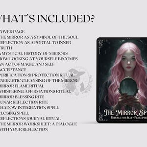 May include: An illustrated card titled "The Mirror Spell: Rituals for Self-Perception" features a woman with pink hair holding a mirror. The card is surrounded by a black border with decorative elements. The image is accompanied by a list of included rituals.