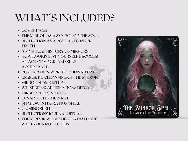 May include: An illustrated card titled "The Mirror Spell: Rituals for Self-Perception" features a woman with pink hair holding a mirror. The card is surrounded by a black border with decorative elements. The image is accompanied by a list of included rituals.