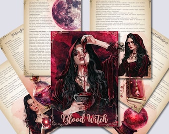 May include: A collage of images related to blood magic and witchcraft. The central image features a woman in a red hooded cloak holding a chalice filled with blood. The text "Blood Witch" is prominently displayed in a red frame. Other images include a bottle of potion, a crystal ball, a book, and a skull.