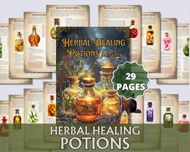 Op de afbeelding: Een afbeelding met een boek getiteld "Herbal Healing Potions Recipes" en verschillende drankflessen. Het boek heeft een groene badge met de tekst "29 Pagina's". De flessen bevatten verschillende gekleurde vloeistoffen en ingredi&euml;nten, met ge&iuml;llustreerde pagina's op de achtergrond.