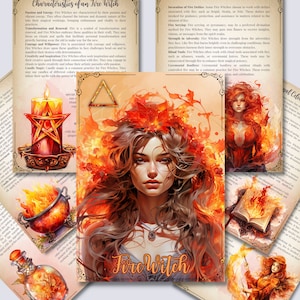 Może przedstawiać: Cyfrowa ilustracja przedstawiająca Fire Witch o długich, falujących rudych włosach i ognistym tle. Tekst "Fire Witch" jest napisany stylizowaną czcionką u dołu obrazu. Obraz jest otoczony tekstem o cechach Fire Witch, ich rytuałach i obchodach.