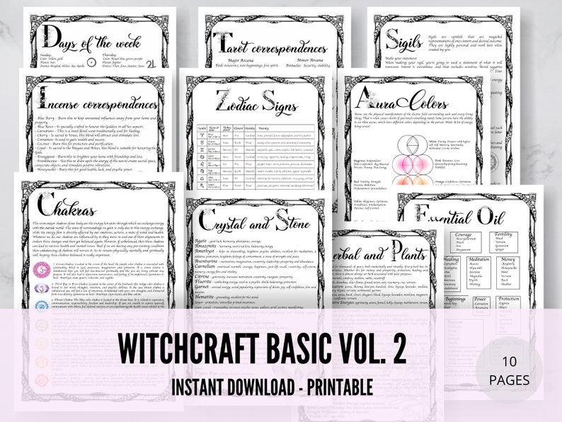 Peut inclure: Guide de sorcellerie imprimable avec 10 pages d'informations sur les jours de la semaine, les correspondances d'encens, les correspondances de tarot, les signes du zodiaque, les couleurs de l'aura, les chakras, les cristaux et les pierres, les huiles essentielles et les herbes et les plantes. Le guide a un design noir et blanc avec un fond rose et blanc.