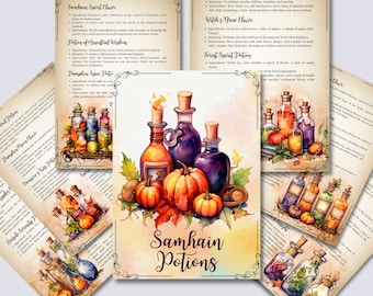 May include: A watercolor illustration of various potion bottles with labels and ingredients for Samhain Spirit Elixir, Potion of Ancestral Wisdom, Pumpkin Spice Potion, Witch's Brew Elixir, and Forest Spirit Potion. The bottles are surrounded by pumpkins, leaves, and other autumnal elements.