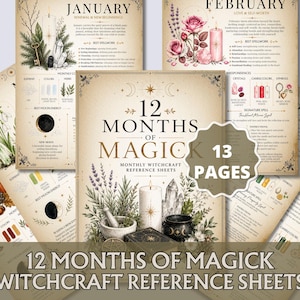 Op de afbeelding: Een verzameling van 13 referentiebladen getiteld 12 Months of Magick, op beige perkamentachtig papier met gedrukte tekst, botanische illustraties, kaarsen, kristallen en ketels. Elke pagina beschrijft maandelijkse thema's, maanenergie en spreuken.