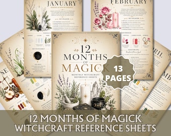 Monthly Witchcraft Reference Sheets, 12 Months of Magick Printable PDF, Book of Shadows Correspondences & Spells