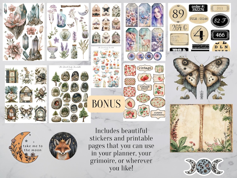May include: A collection of stickers and printable pages with a botanical and vintage theme. Includes illustrations of crystals, butterflies, flowers, and labels. Text includes "BONUS", "vintage", and "take me to the moon".