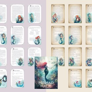 May include: A printable set of 12 mermaid-themed cards with watercolor illustrations and text. The cards feature mermaids, seashells, and other ocean-inspired imagery. The text on the cards includes spells, lore, and other mermaid-related information. The cards are titled "Mermaid Magic".