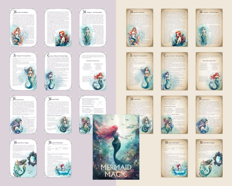 May include: A printable set of 12 mermaid-themed cards with watercolor illustrations and text. The cards feature mermaids, seashells, and other ocean-inspired imagery. The text on the cards includes spells, lore, and other mermaid-related information. The cards are titled "Mermaid Magic".