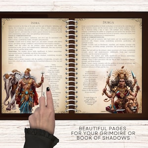 May include: Two pages from a book about Hindu deities. The left page features Indra, the king of the gods, riding a white elephant. The right page features Durga, a powerful goddess, riding a lion. Both pages have illustrations and text describing their powers and attributes.