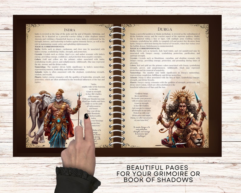 May include: Two pages from a book about Hindu deities. The left page features Indra, the king of the gods, riding a white elephant. The right page features Durga, a powerful goddess, riding a lion. Both pages have illustrations and text describing their powers and attributes.