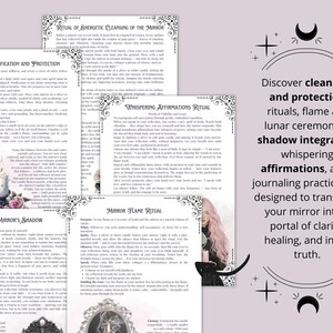 May include: A collection of printed pages with text and illustrations, featuring rituals and affirmations. The pages are adorned with decorative borders and imagery of mirrors, candles, and flowers. The text includes phrases like "cleansing rituals" and "inner truth."