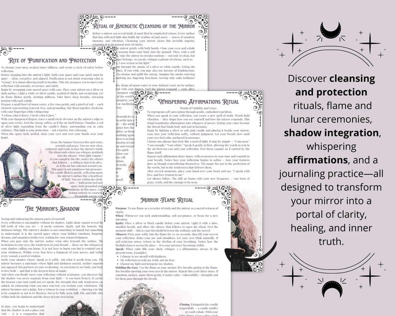 May include: A collection of printed pages with text and illustrations, featuring rituals and affirmations. The pages are adorned with decorative borders and imagery of mirrors, candles, and flowers. The text includes phrases like "cleansing rituals" and "inner truth."