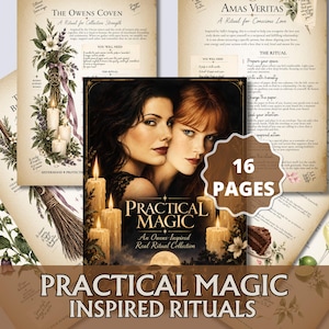 Może przedstawiać: Kolekcja 16 zadrukowanych stron z rytuałami inspirowanymi filmem Practical Magic. Centralny obraz przedstawia dwie kobiety o ciemnych i rudych włosach w otoczeniu zapalonych świec. Otaczające strony zawierają ilustracje botaniczne oraz tekst.