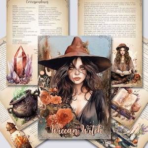 May include: A watercolor illustration of a Wiccan witch with long dark hair wearing a brown witch hat and a black dress. The witch is holding a book and is surrounded by flowers and a cauldron. The text "Wiccan Witch" is written in the bottom center of the image.