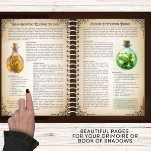Op de afbeelding: Open grimoire-pagina's met illustraties van drankjes. E&eacute;n pagina toont een Brain-Boosting Rosemary Infusion met een fles gele vloeistof. De tegenoverliggende pagina beschrijft een Cooling Peppermint Potion met een fles groene vloeistof. Tekst: MOOIE PAGINA'S VOOR JE GRIMOIRE OF BOEK DER SCHADUWEN.