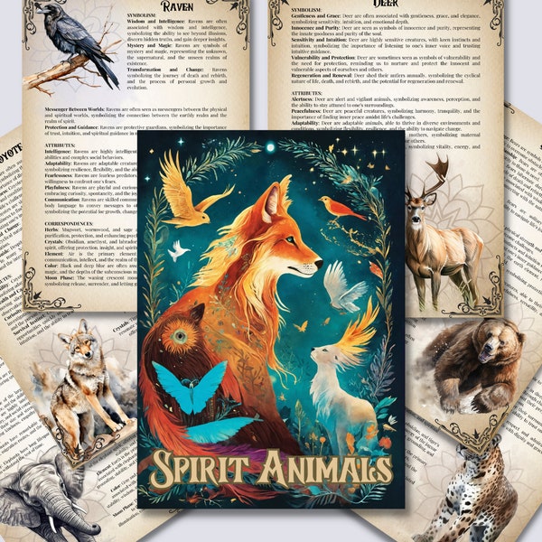 The Ultimate Guide To Spirit Animals. 72 pages. 62 animals. Beautiful grimoire pages. Printable.