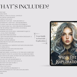 May include: A digital tablet displays a portrait of a woman with silver hair, promoting "Past Life Exploration." The image includes a list of topics such as meditation, dreamwork, and Akashic records. Text on the tablet reads "Your Guide to Past Life Exploration."